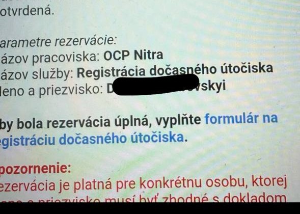 Підтвердження реєстрації dočasného útočiska в OCP Nitra