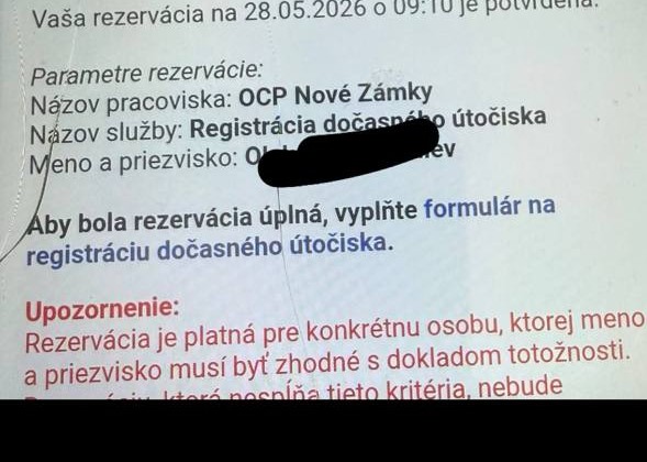 Підтвердження реєстрації dočasného útočiska в OCP Nové Zámky